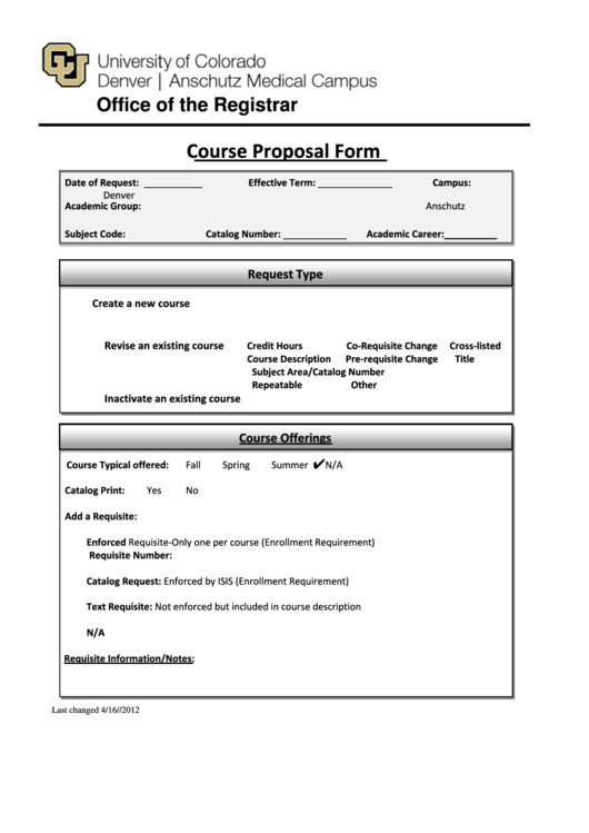 Fillable University Of Clorado Course Proposal Form Printable pdf