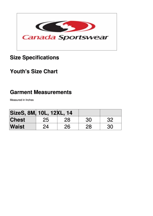 Canada Sportswear Youth's Size Chart