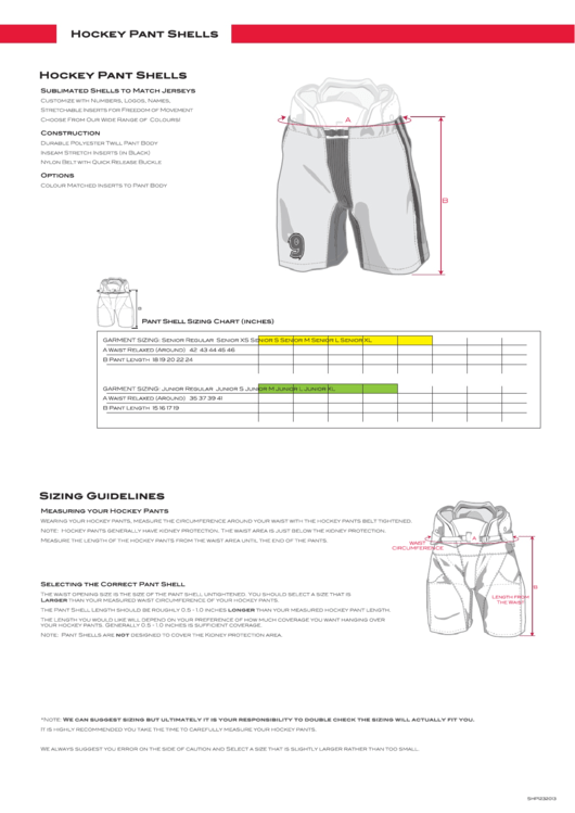 Hockey Pant Shells Size Chart printable pdf download