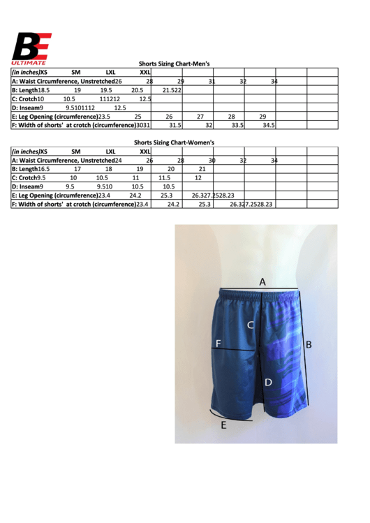 Be Ultimate Shorts Sizing Chart Printable pdf