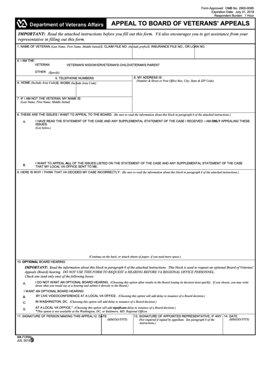 Fillable Appeal To Board Of Veterans Appeals Printable pdf