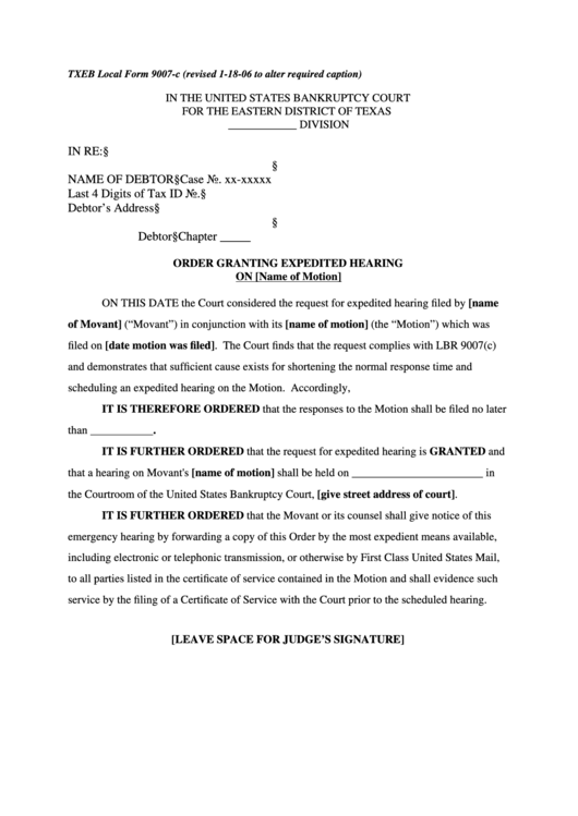 Order Granting Expedited Hearing - United States Bankruptcy Court, Texas Printable pdf