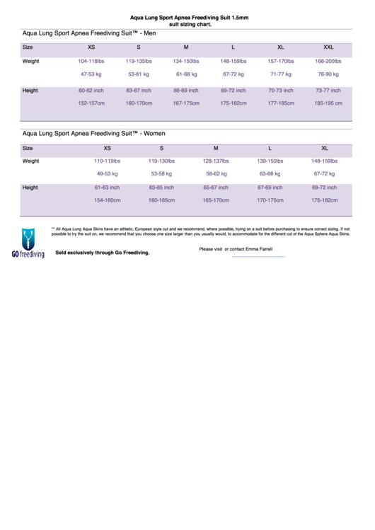 Aqua Lung Sport Apnea Freediving Suit Sizing Chart printable pdf download