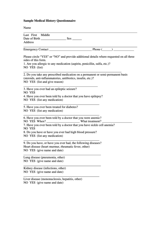 Sample Medical History Questionnaire Printable pdf