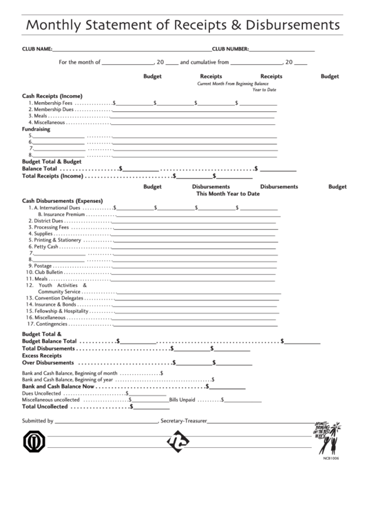Monthly Statement Of Receipts & Disbursements Printable pdf