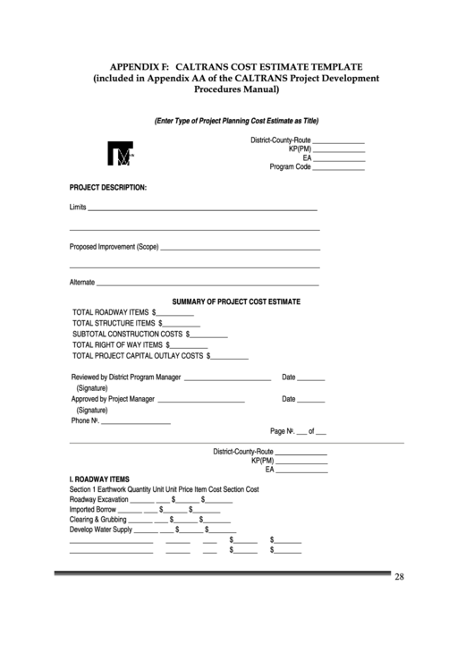 Caltrans Cost Estimate Template Printable pdf