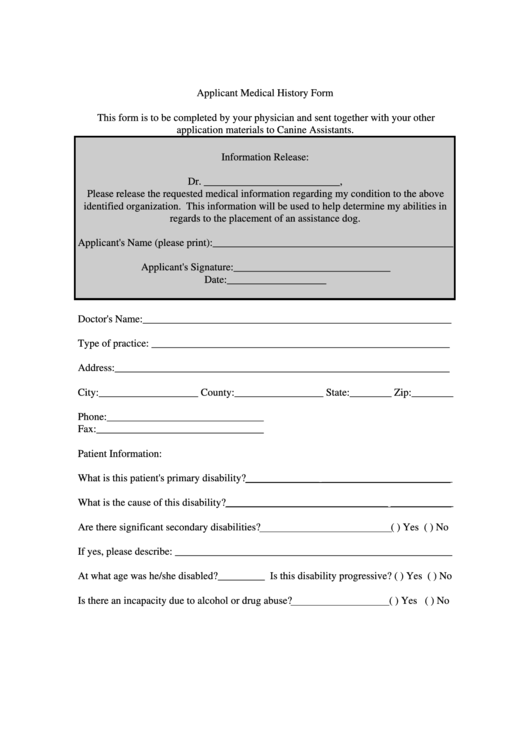 Applicant Medical History Form Printable pdf