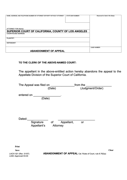 Fillable Abandonment Of Appeal Printable pdf