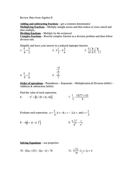 Review Notes From Algebra Ii Printable pdf