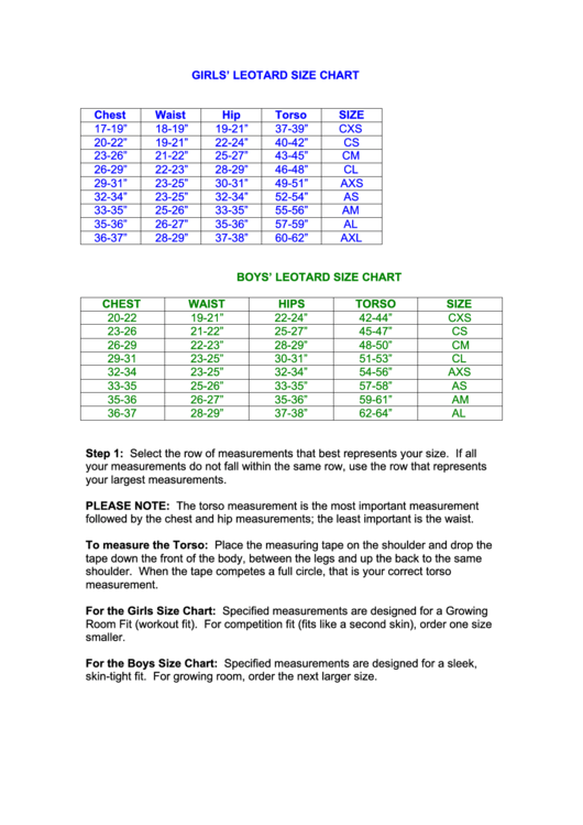 Leotards4less Leotard Size Chart Printable pdf