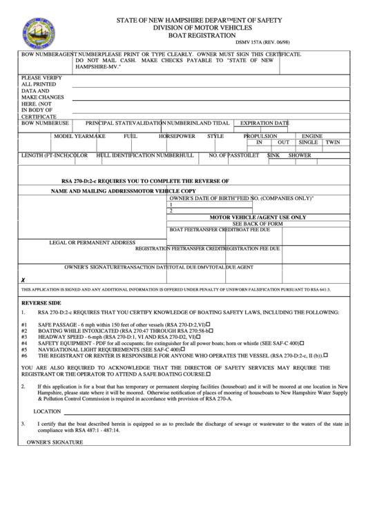 Fillable Form Dsmv 157a - Boat Registration Printable pdf