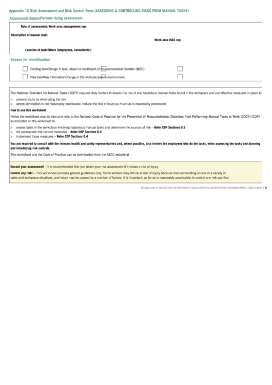 Risk Assessment - Risk Control Form Printable pdf