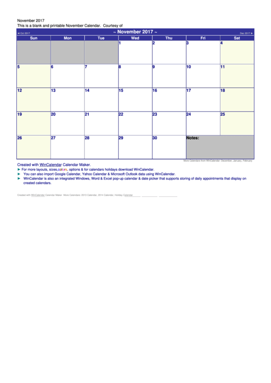 November 2017 Calendar Template Printable pdf