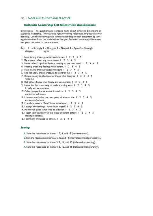 Authentic Leadership Self-Assessment Questionnaire Printable pdf