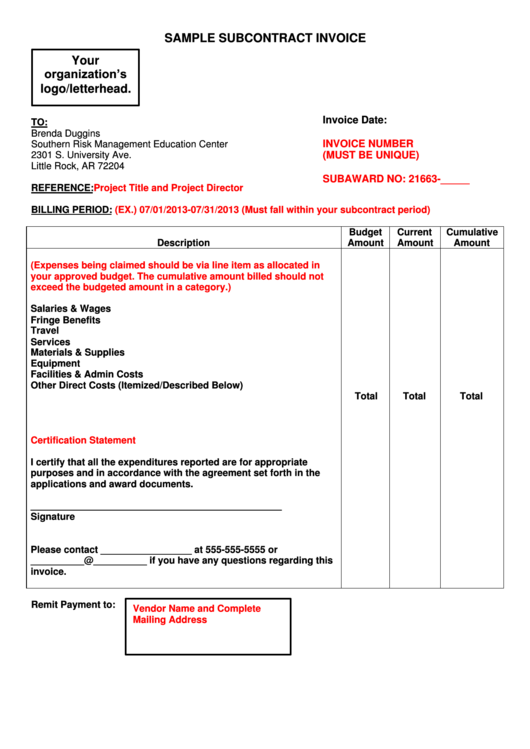 Sample Subcontract Invoice Template Printable pdf