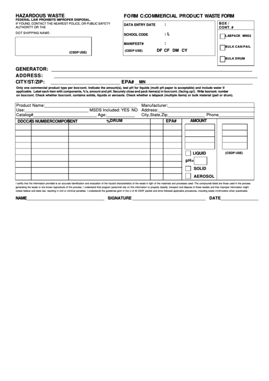 Form C: Commercial Product Waste Form Printable pdf