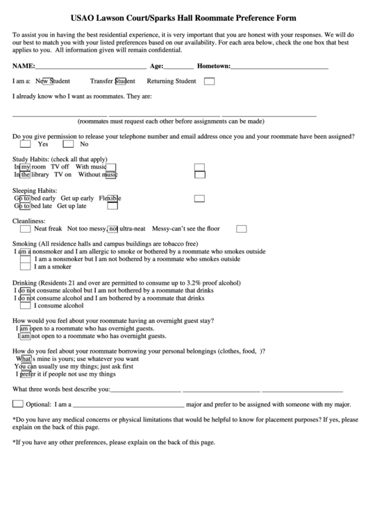 Usao Lawson Court/sparks Hall Roommate Preference Form Printable pdf