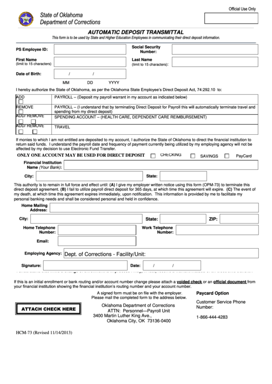 Fillable Automatic Deposit Transmittal Form - Oklahoma Department Of Corrections Printable pdf