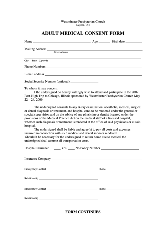 Adult Medical Consent Form Printable pdf