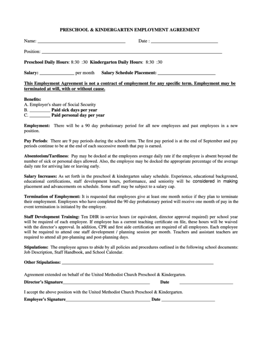 Preschool & Kindergarten Employment Agreement Printable pdf