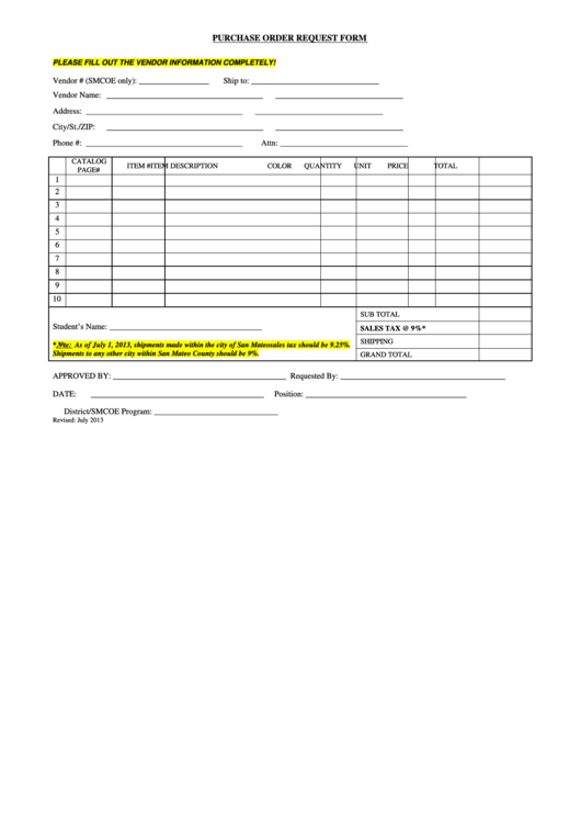 Purchase Order Request Form Printable pdf