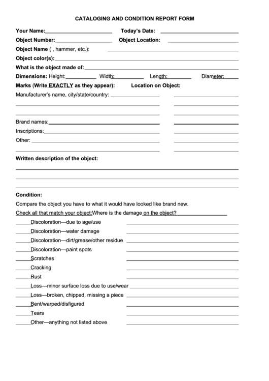 Cataloging And Condition Report Form Printable pdf
