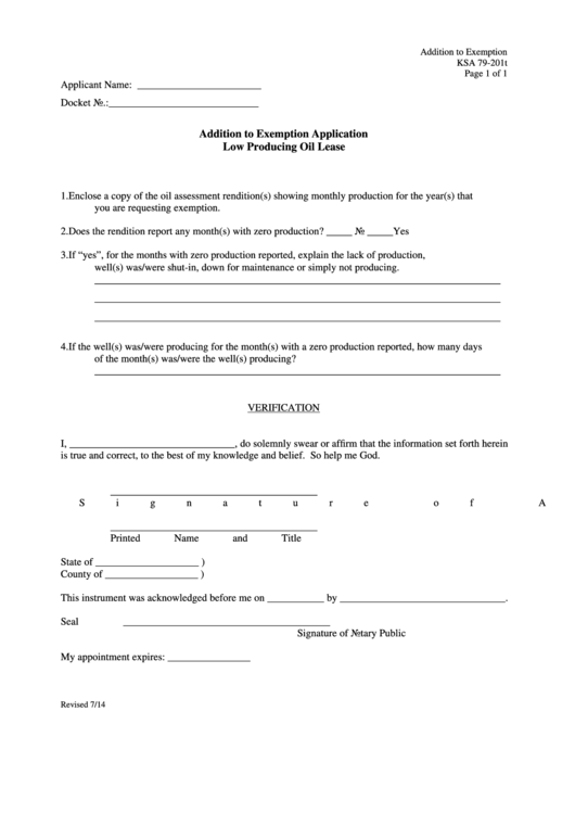 Fillable Addition To Exemption Application Printable pdf