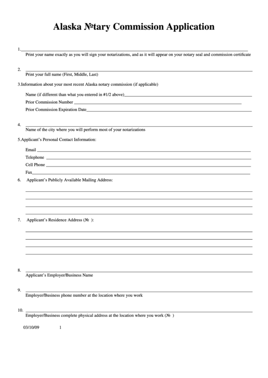 Fillable Alaska Notary Commission Application Printable pdf