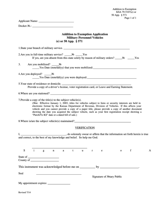 Fillable Addition To Exemption Application Military Personnel Vehicles Form Printable pdf