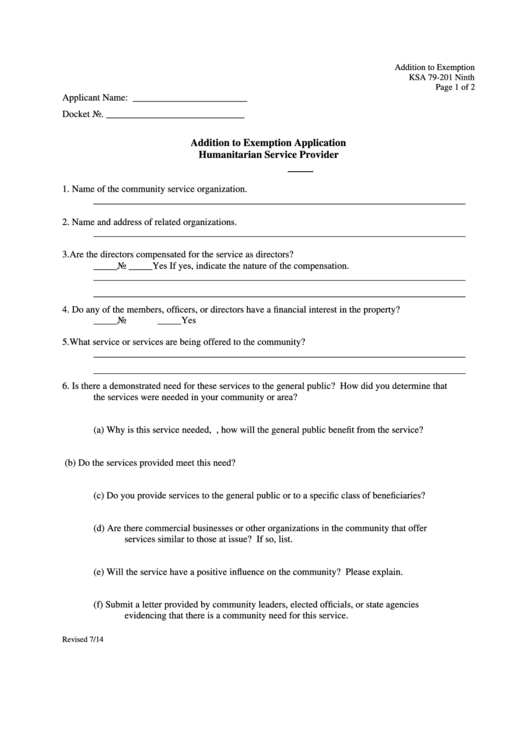 Fillable Addition To Exemption Application Humanitarian Service Provider Printable pdf