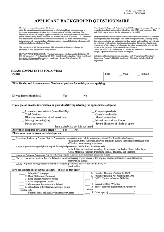 Applicant Background Questionnaire Printable pdf