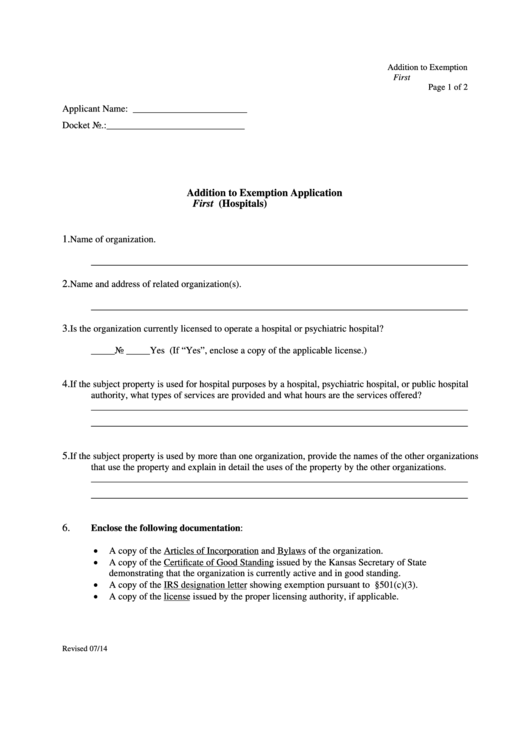 Fillable Addition To Exemption Application Hospitals Printable pdf