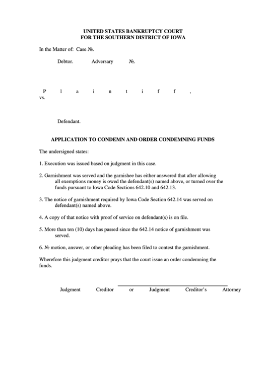 Application To Condemn And Order Condemning Funds Printable pdf