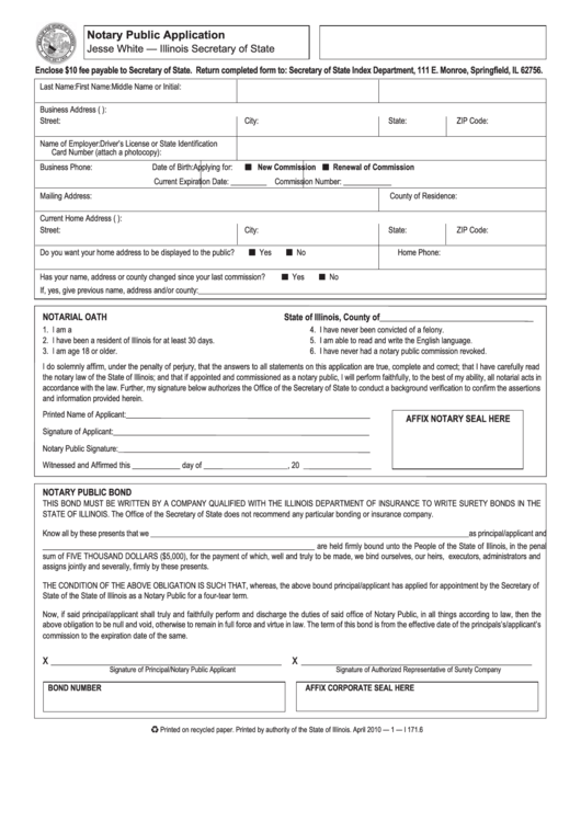 Fillable Notary Public Application - Illinois Secretary Of State Printable pdf