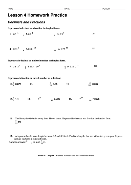 Homework Practice - Decimals And Fractions Worksheet Printable pdf