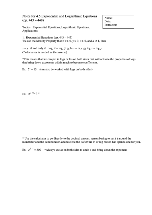 Exponential And Logarithmic Equations Worksheet Printable pdf