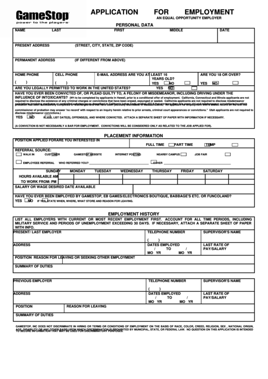 Gamestop Job Application Form Printable - Printable Forms Free Online