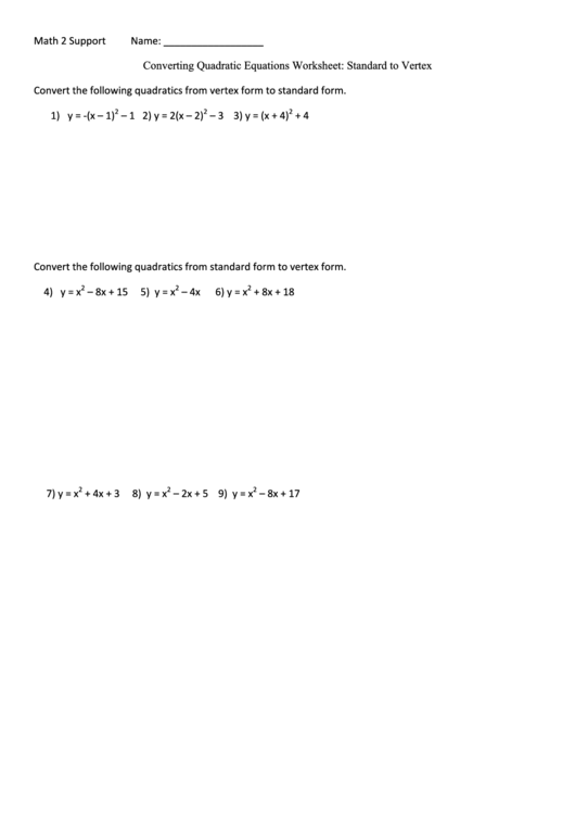 Converting Quadratic Equations Worksheet Printable pdf