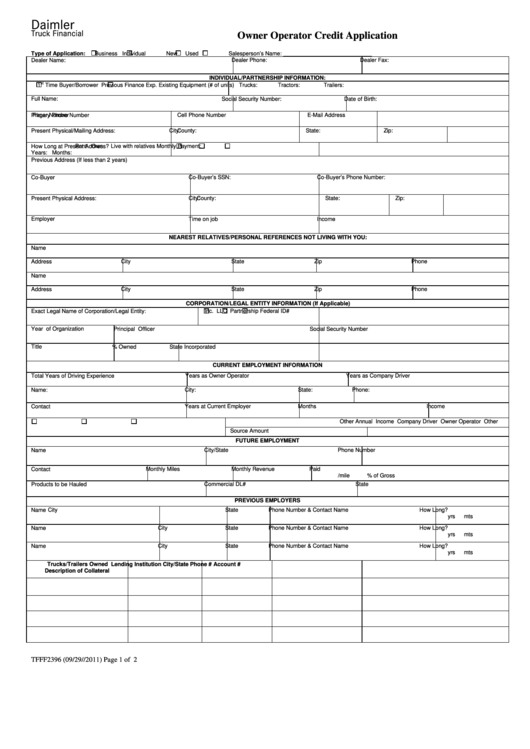Owner Operator Credit Application Form Printable pdf