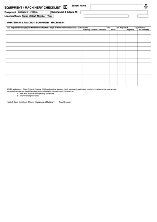 Equipment/machinery Checklist Template Printable pdf