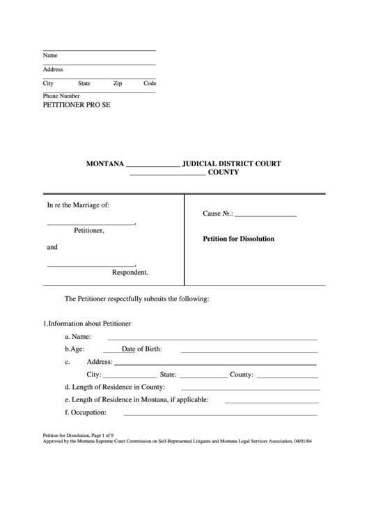 Fillable Petition For Dissolution Printable pdf