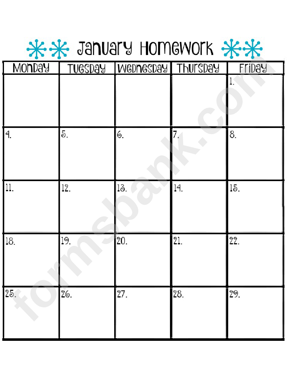 January Homework Calendar Template