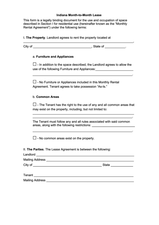 Fillable Indiana Month-To-Month Lease Form Printable pdf