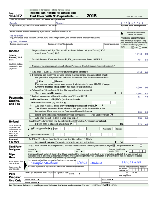 Form 1040ez - Income Tax Return For Single And Joint Filers With No Dependents (2015