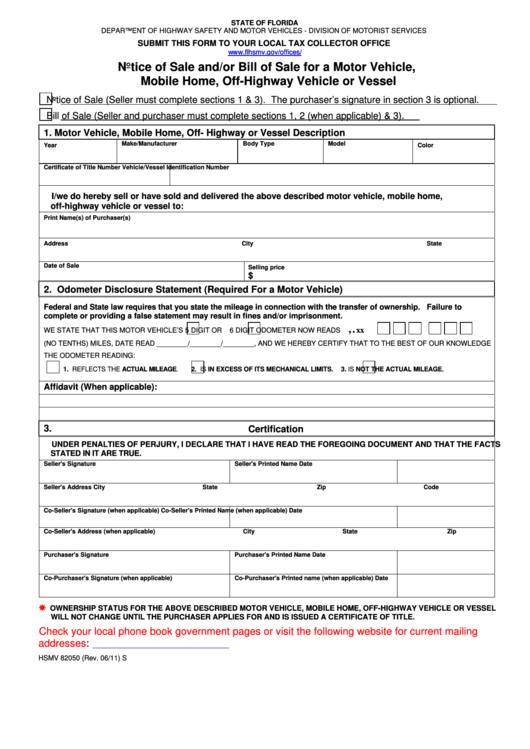 Fillable Form Hsmv 82050 Notice Of Sale And/or Bill Of Sale For A