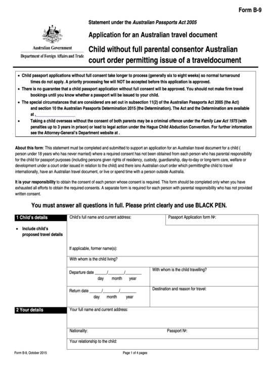 B-9 Form Application For An Australian Travel Document