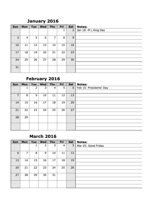 2016 Note Calendar Template Printable pdf