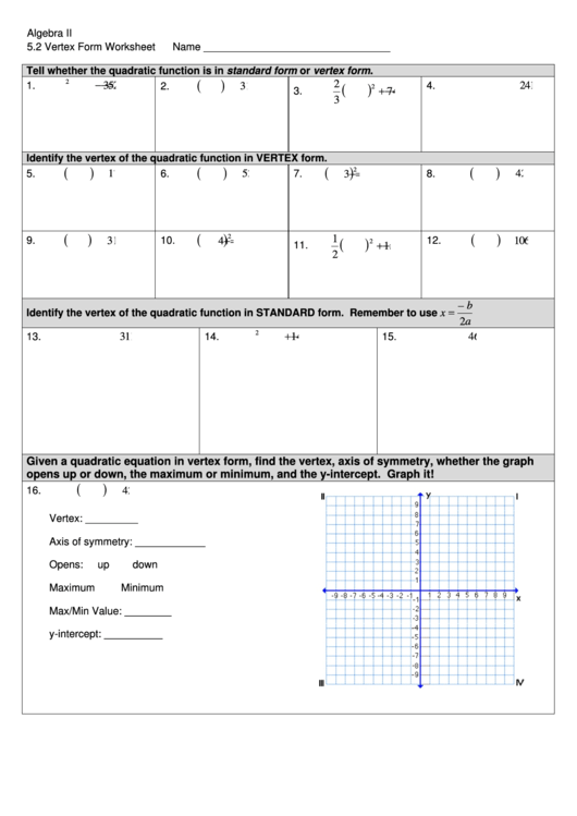 Vertex Form Worksheet Printable pdf