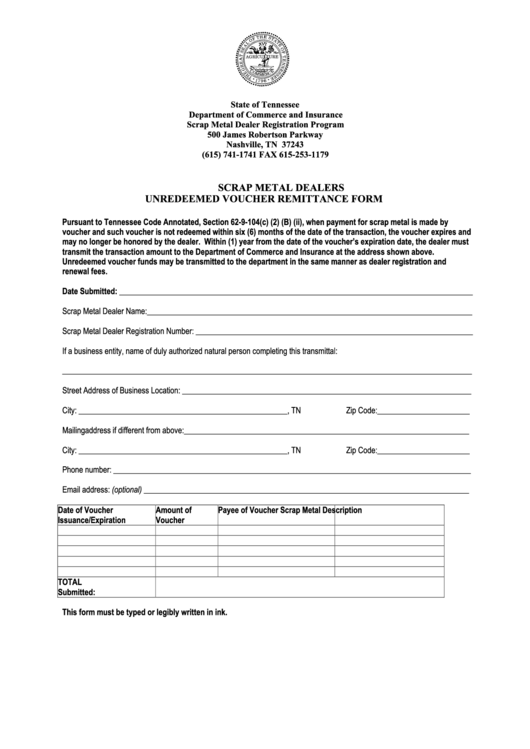 Unredeemed Voucher Remittance Form Printable pdf