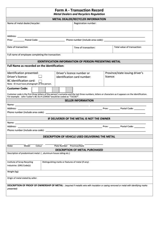 Form A Transaction Record - Metal Dealers And Recyclers Regulation Printable pdf